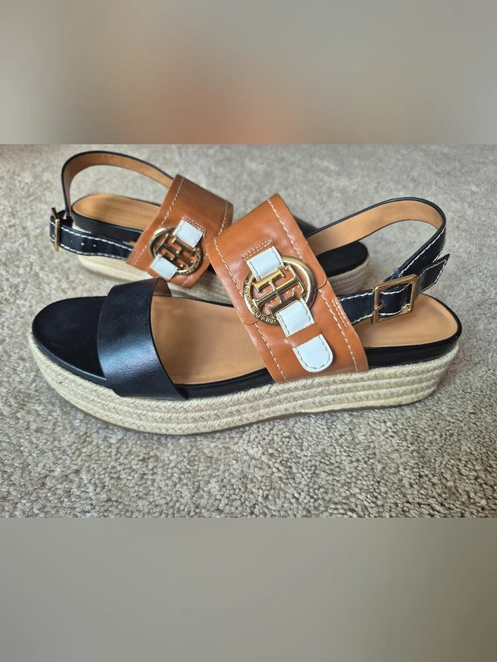 Tommy Hilfiger Two-Tone Black, Tan & White Espadrille Platform Sandals